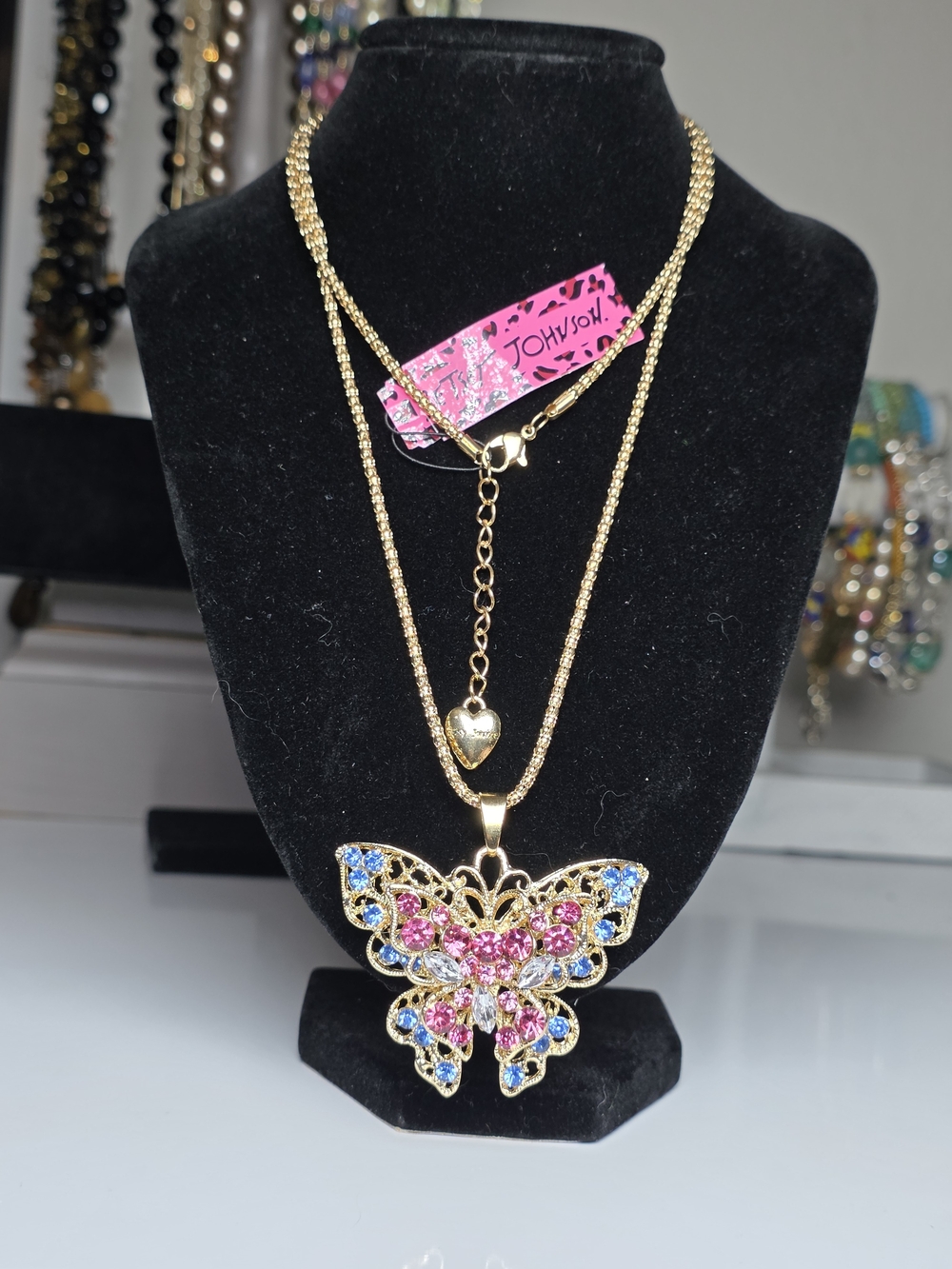 Betsey Johnson 2” Rhinestone Butterfly Pendant Necklace Brooch NWT